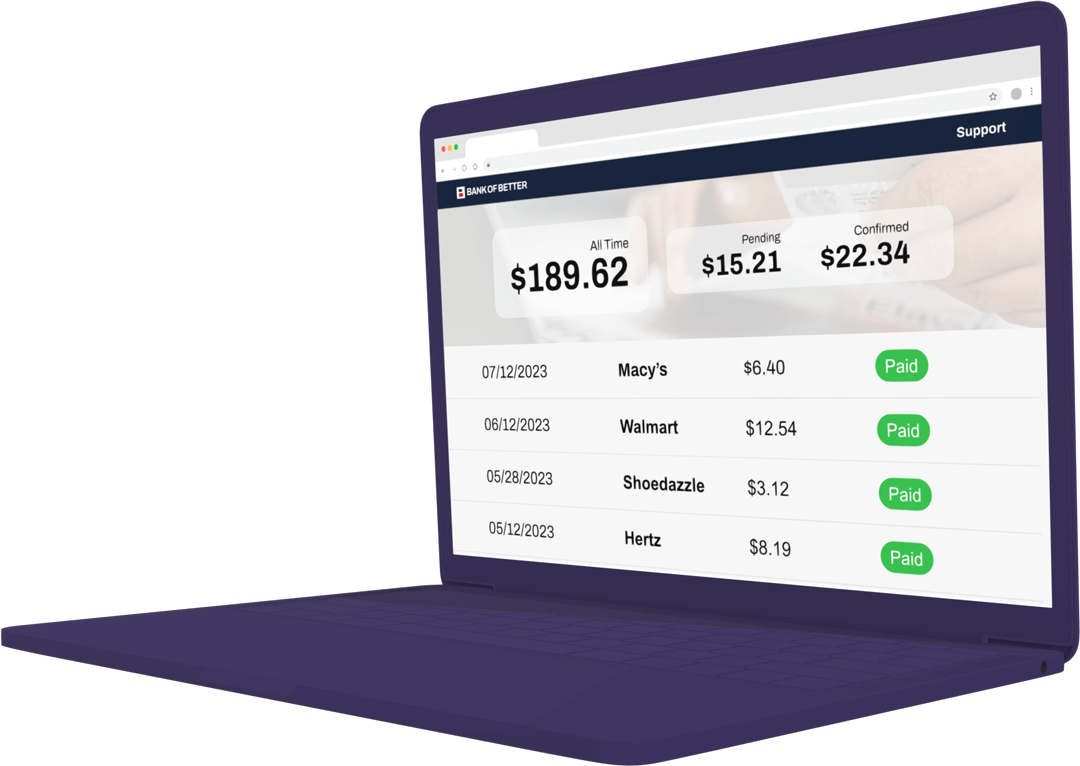 Earnings Dashboard Preview for Bank of Better on dark purple clay laptop mockup