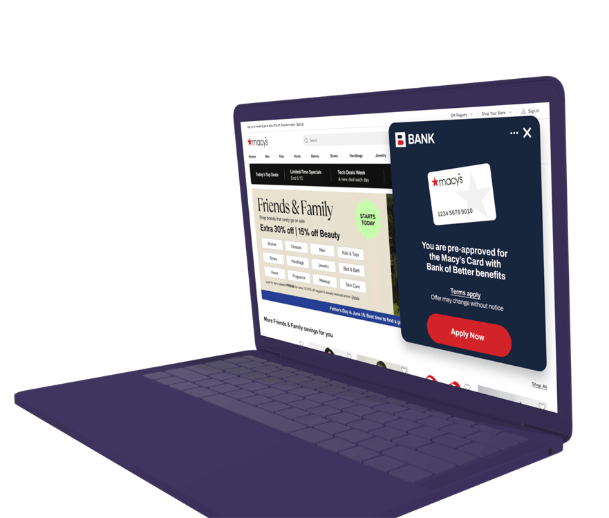 Card upsell Alert for a Generic Bank on a purple clay laptop mockup